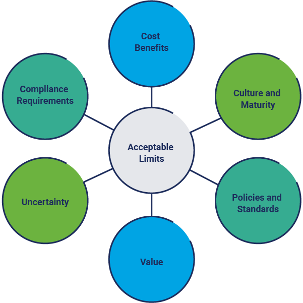 A circular diagram depicts factors for establishing acceptable risk limits.